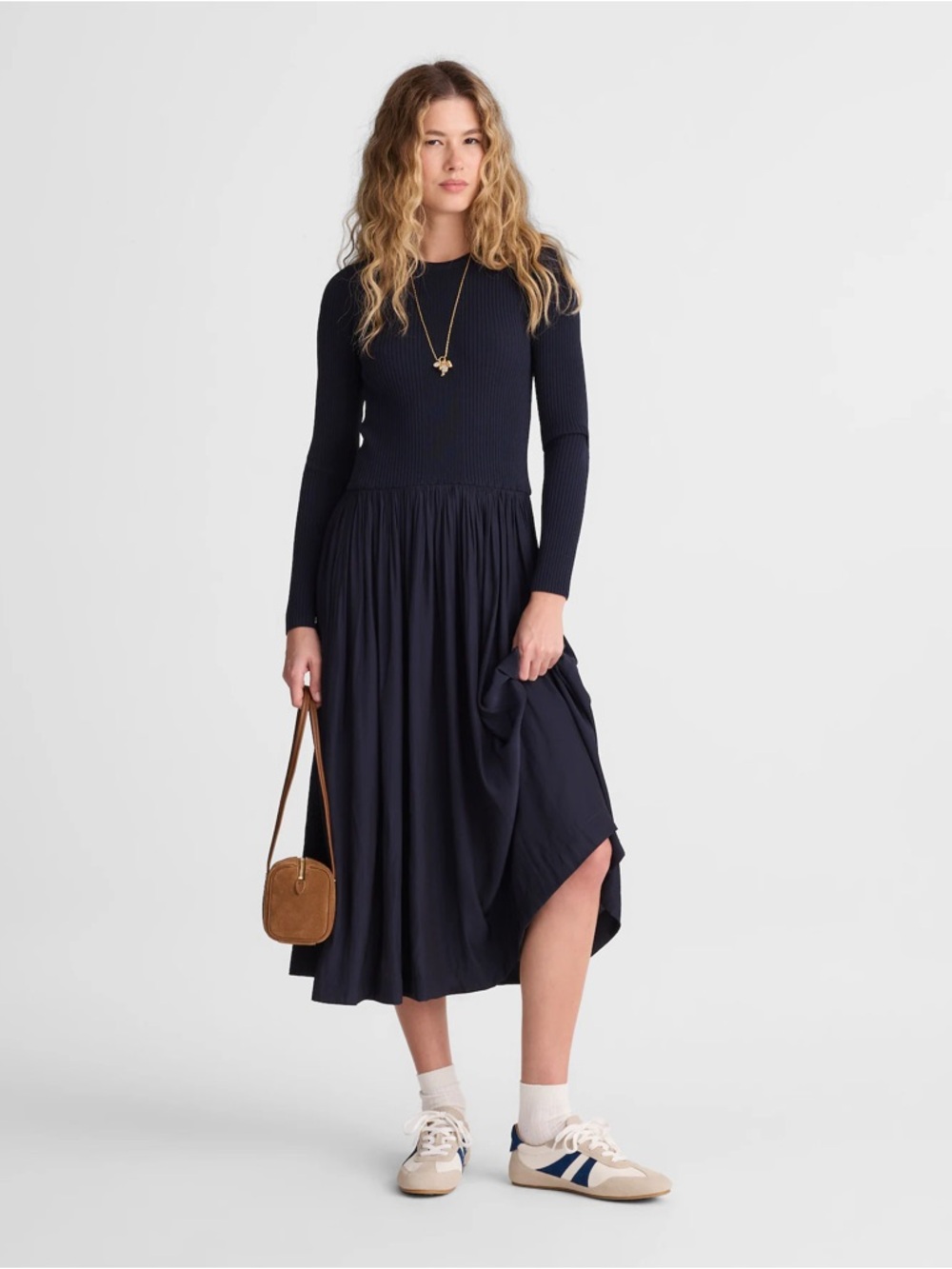 $178 msrp NWT Madewell ribbed scoopneck Midi Dress xs navy